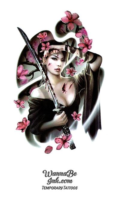 Samurai Woman In Black and Cherry Blossoms Best Temporary Tattoos
