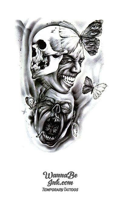 Screaming Skulls Laughing Face and Butterflies Best Temporary Tattoos