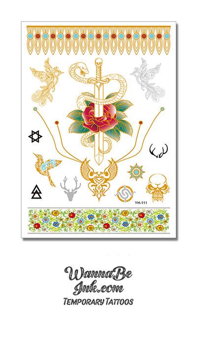Serpent Wrapped Sword Through Red Rose with Stags and Birds Metallic Temporary Tattoos