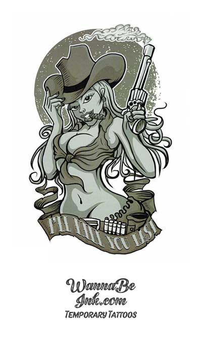 Sexy Buxom Cowgirl with Pistol Best Temporary Tattoos