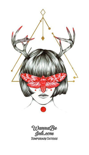Short Hair Woman With Red Butterfly Mask and Antlers Best Temporary Tattoos