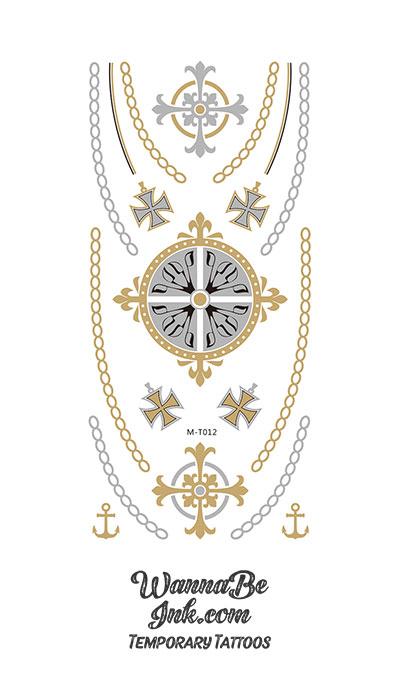 Silver and Gold Cross Compass Design Metallic Temporary Tattoos