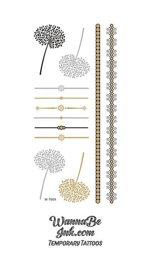 Silver and Gold Dandelion and Straight Line Metallic Temporary Tattoos