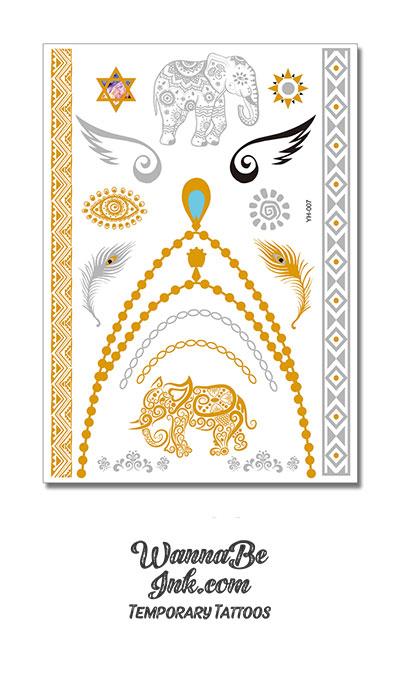 Silver and Gold Elephants and Peacock Feathers with Necklace Designs Metallic Temporary Tattoos