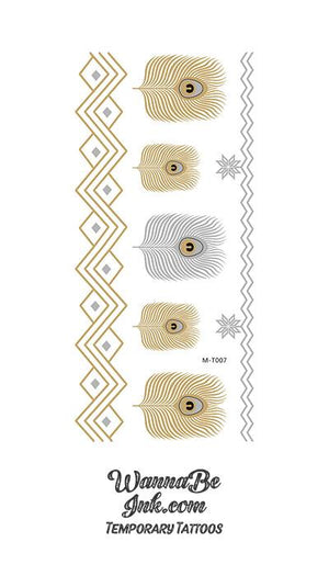 Silver and Gold Feathers and Pineapples Metallic Temporary Tattoos
