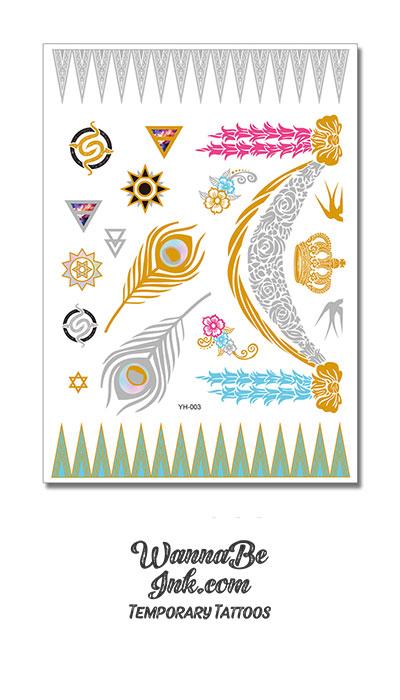 Silver and Gold Peacock Feathers with Pink Headed Scorpion Designs Metallic Temporary Tattoos