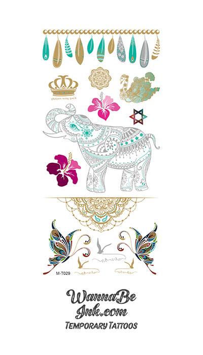 Silver and Turquoise Elephant with Flowers Feathers and Butterflys Metallic temporary Tattoos