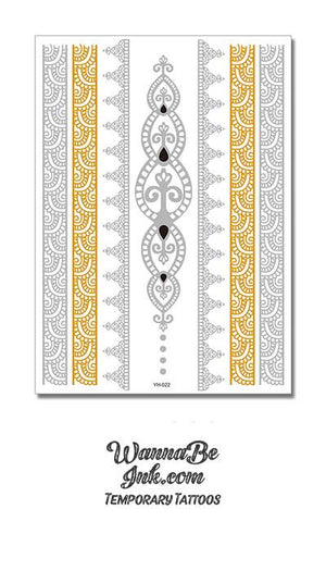 Silver Mandala Tear Drop with Black Gem Inserts and Silver and Gold Bands Metallic Temporary Tattoos