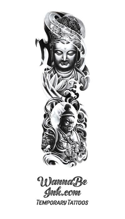 Sitting Buddha Lotus and Asian Warrior Against Moon Temporary Sleeve Tattoos