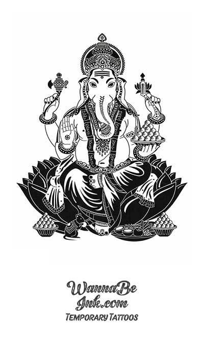 Sitting Elephant Sheva On Lotus Blossom Best Temporary Tattoos