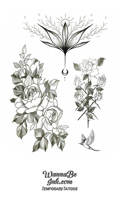 Sketched Roses and Lotus Flower Best Temporary Tattoos