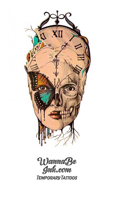 Skull and Butterfly Face on Clock Best Temporary Tattoos