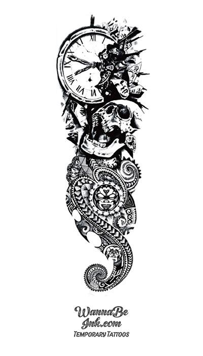 Skull Clock Broken Mirror Cross Faces Polynesian Tribal Temporary Sleeve Tattoos