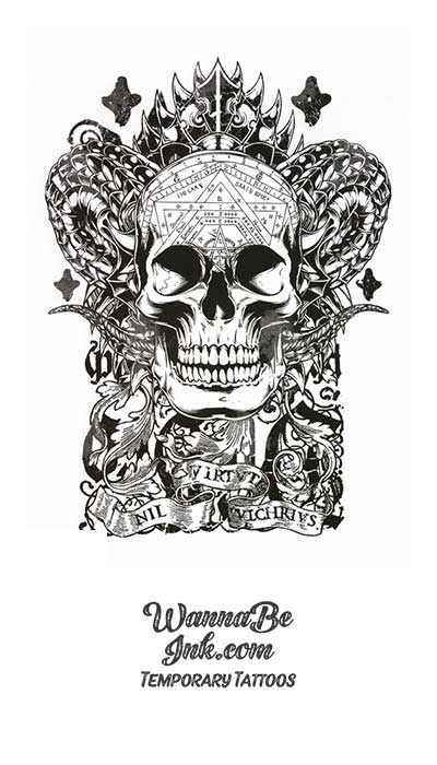 Skull Crowned With Horns and Intricate Design Best temporary Tattoos