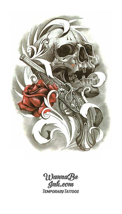 Skull Flint Lock Pistol and Red Rose Best Temporary Tattoos