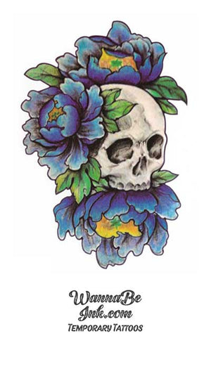 Skull in Blue Flowers Best Temporary Tattoos