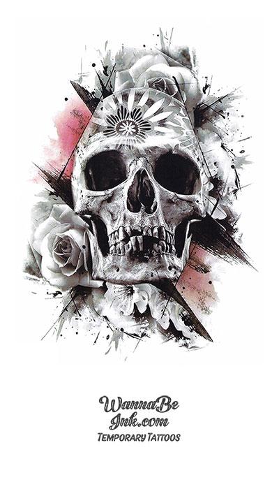 Skull With Sun Burst on Forehead and Roses Best Temporary Tattoos