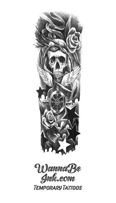 Skull with Wings Roses Vines Feather Stars and Ship's Wheel Temporary Sleeve Tattoos