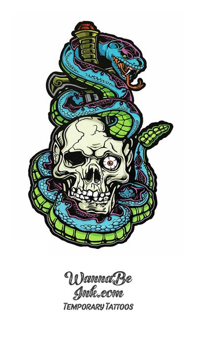 Skull Wrapped In Blue and Green Snake Best Temporary Tattoos