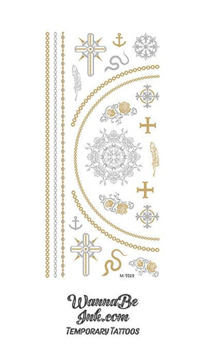 Snakes Crosses and Anchors Metallic Temporary Tattoos