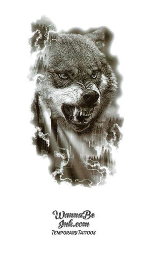 Snarling Wolf in Gray Storm Best Temporary Tattoos