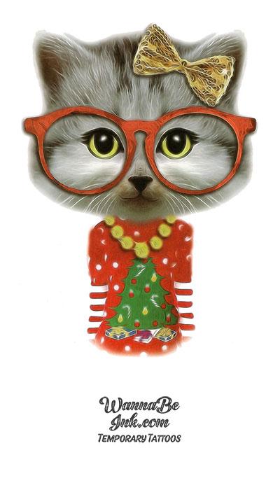 Spectacled Kitty with Christmas Sweater Best Temporary Tattoos