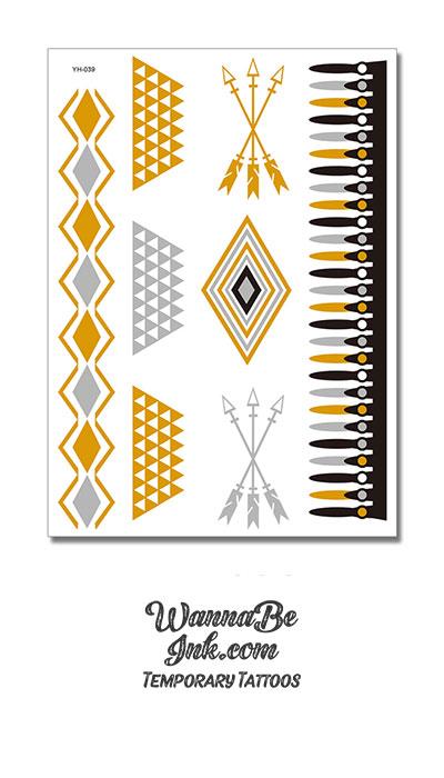 Stacked Diamonds Pattern with Arrow Bunches Metallic Temporary Tattoos