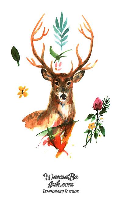 Stag With Greenery And Red Bird Best Temporary Tattoos