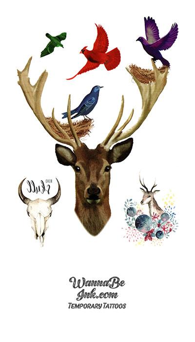 Stag With Red Bird Blue Bird and Longhorn Skull Best Temporary Tattoos