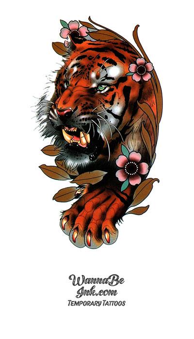 Stalking Tiger and Pink Blossoms Best Temporary Tattoos