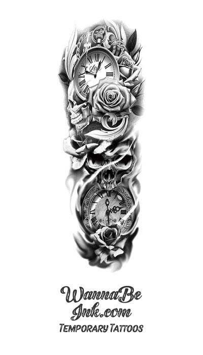 Stop Watches Roses Skull and Filigree Temporary Sleeve Tattoos
