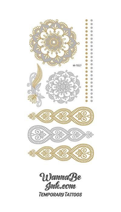 Stylized Tear Drops and Flowers in Gold and Silver Metallic temporary Tattoos