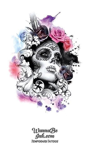 Sugar Skull Faced Woman Wearing Roses Best Temporary Tattoos