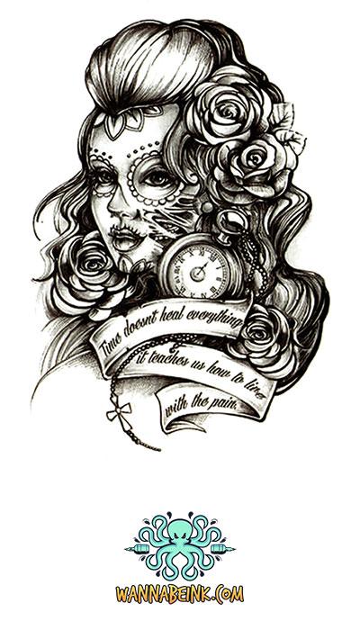 Sugar Skull Faced Woman with Pocket Watch and Flowers Best Temporary Tattoos