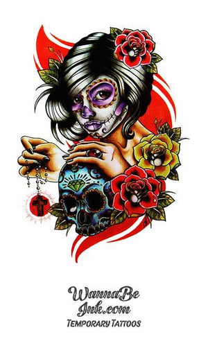 Sugar Skull Girl and Skull With Roses Best Temporary Tattoos