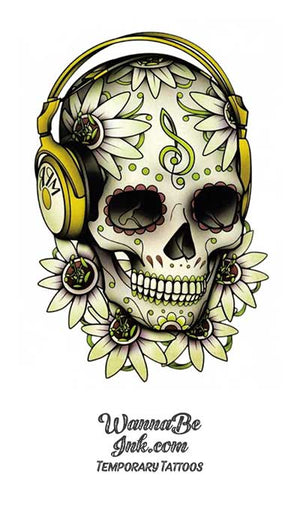 Sugar Skull Wearing Headphones Best Temporary Tattoos