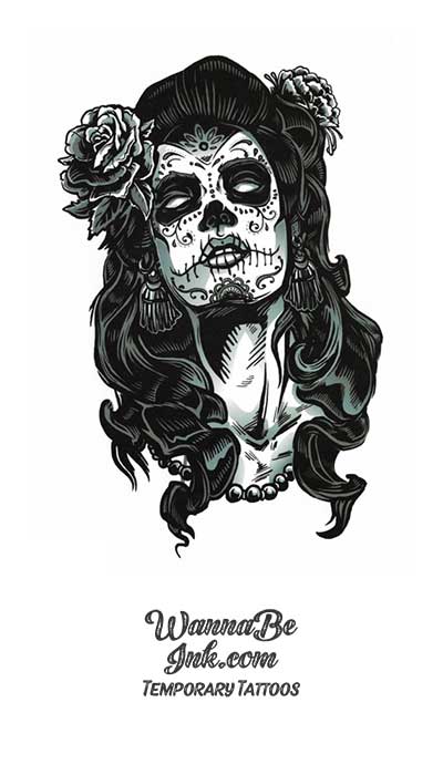 Sugar Skull Woman With Black Roses Best Temporary Tattoos