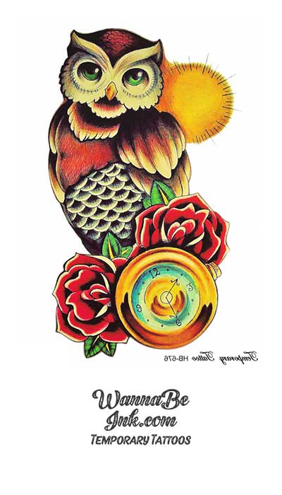 Sun Behind Owl Perched On Roses Best Temporary Tattoos