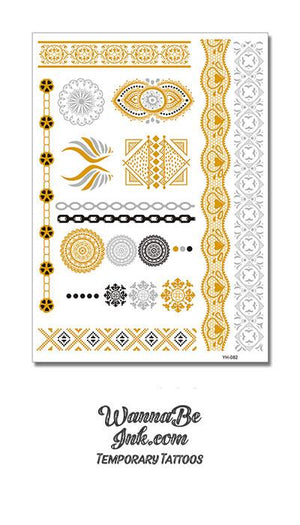 Sun Dials and Phoenix Feathers in Gold and Silver Metallic Temporary Tattoos
