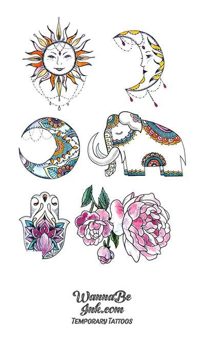 Sun Moon Flowers and Elephant Best temporary Tattoos