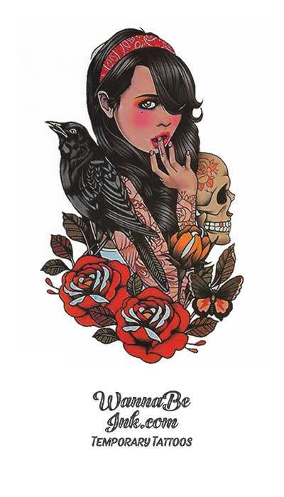 Surprised Woman Next To Raven and Skull with Roses Best Temporary Tattoos
