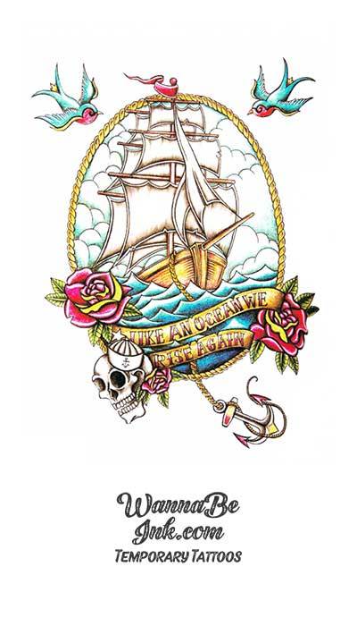 Swallows Sailing Ship and Anchor Over Skull of Death Best Temporary Tattoos