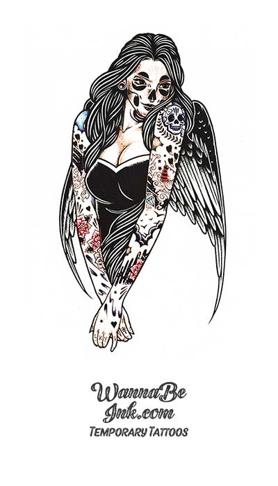 Tattooed Sugar Skull Woman Wearing Black Wings Best temporary Tattoos