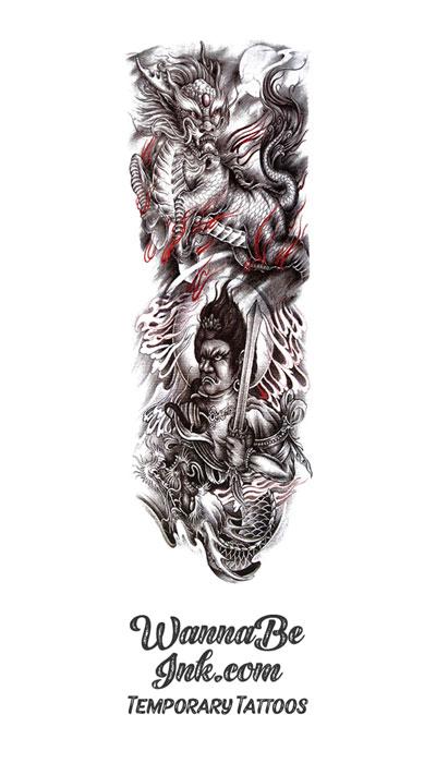 Textured Dragons Fighting Kabuki Warrior Temporary Sleeve Tattoos