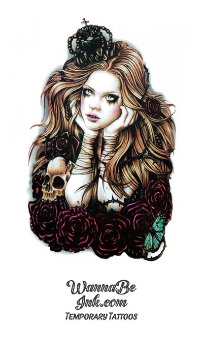 Thinking Girl with Skull on Dark Red Roses Best Temporary Tattoos