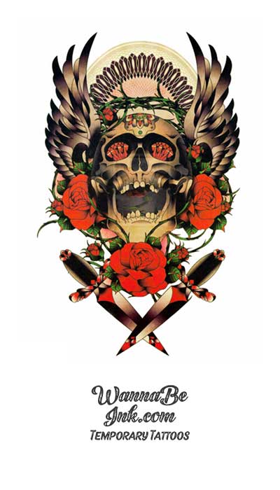 Thorn Crowned Skull with Eagle Wings and Red Roses Best Temporary Tattoos