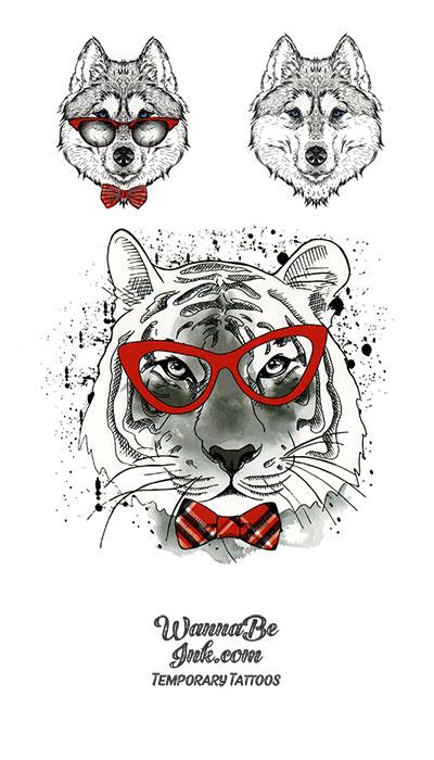 Tiger And Wolf In Red Spectacles Best Temporary Tattoos