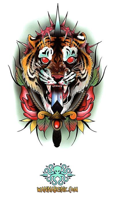 Brown And Gold Dragon Face Kabuki with Cherry Blossoms Best Temporary Tattoos