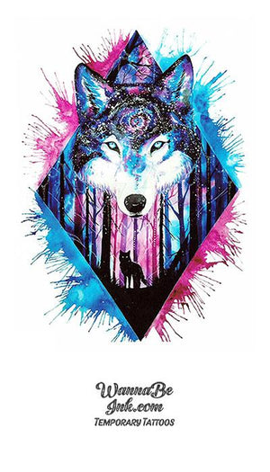 Timber Wolf In Blue and Pink Forest Diamond Best Temporary Tattoos