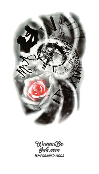 Time Clock Man Holding Baby and Red Rose Best Temporary Tattoos